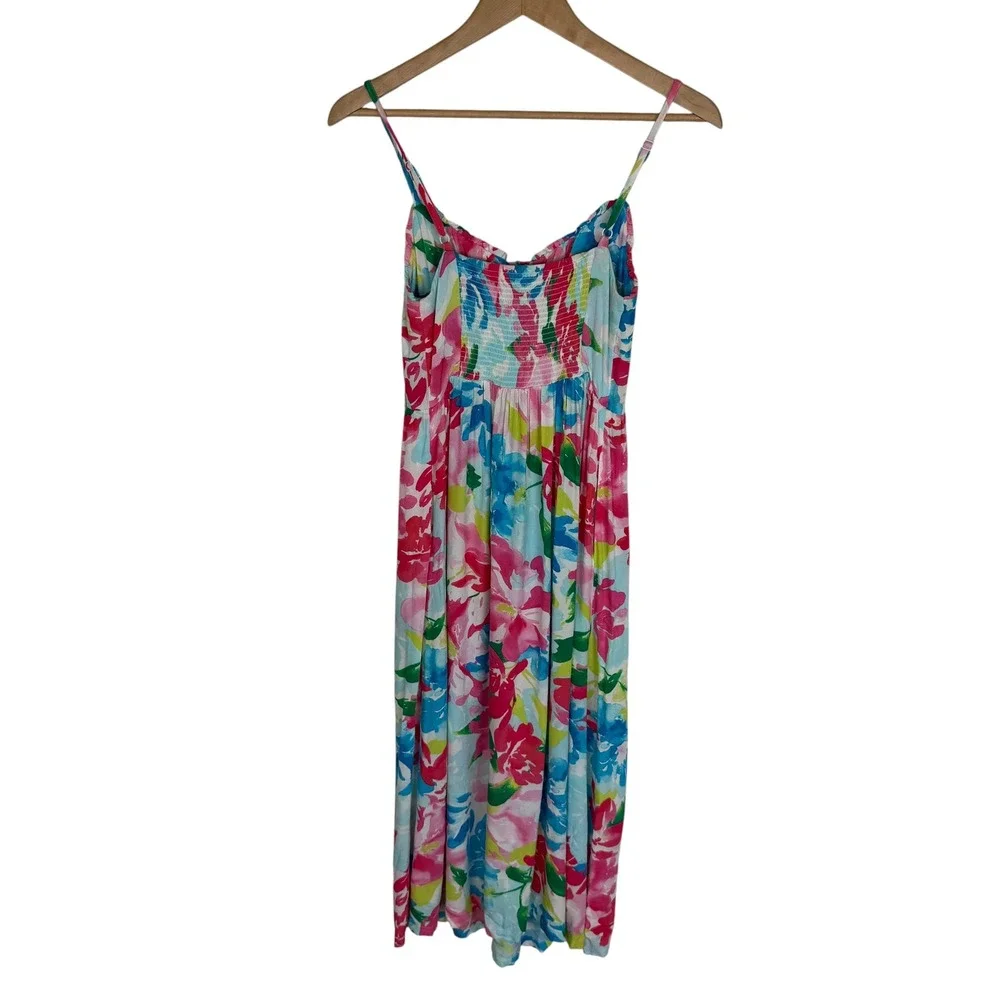Old Navy Womens XS Floral Midi Dress Pink Blue Smocked Back Pockets Sundress - Picture 11 of 12